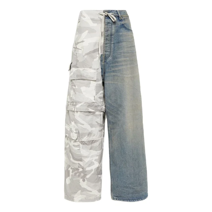 Custom Fashion Cotton ripstop and retro wash denim cargo pants drawstring waist color block camouflage wide leg pants for men