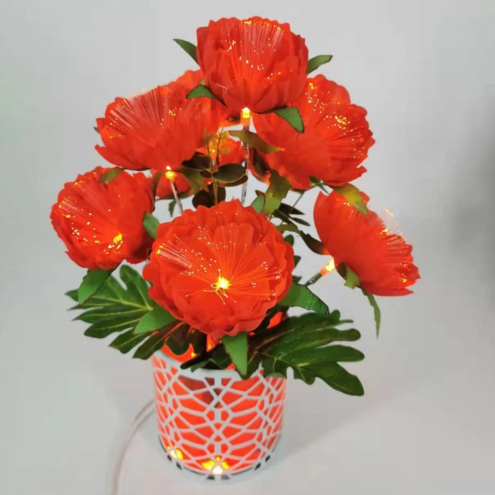 Wholesale Party Light Decor Large Peony Fiber Optic Artificial Led Flower with Vase