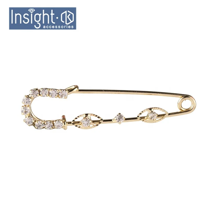 1.6*6.5cm Gold Plated Baby Pins Brooch Rhinestone Crystal Muslim Islamic Hijab Scarf Safety Pins Brooches For kids