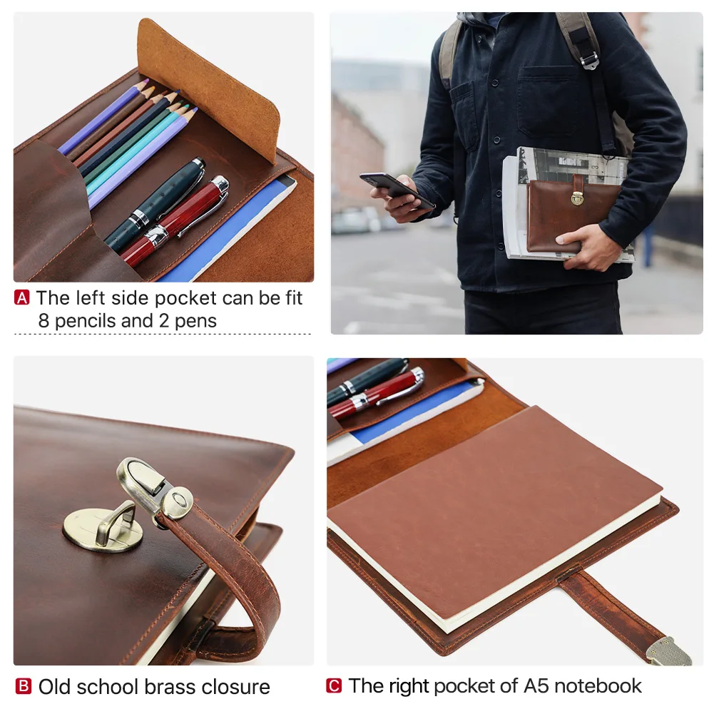 Vintage A5 Genuine Leather Notebook Journal Planner Cover with Pen Holder Travel Use Office Supplies CF9071
