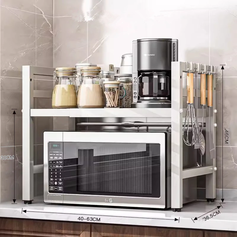 Double Layers Adjustable Kitchen Organizer Shelf with Side Hooks for Kitchen