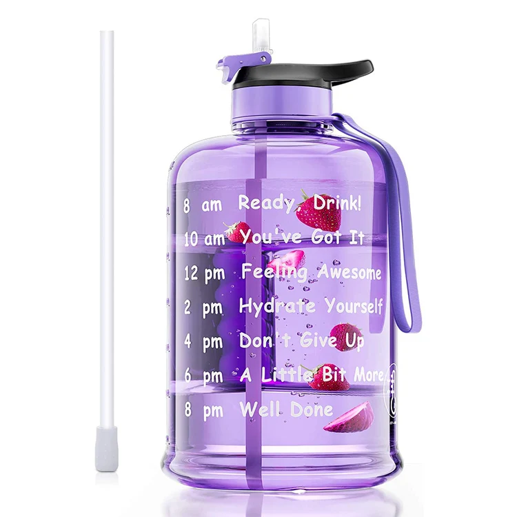 BPA Free 128oz 2.2L Strap-Easy to Carry Motivated Time Marker Hard Plastic Water Drinking Bottles With Straw
