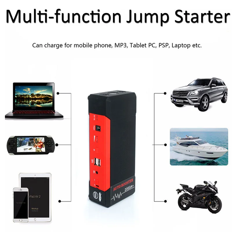Автомобильный аккумулятор для баттареи jump starter kit 24000 ма/ч 2000amp пиковое значение тока ноутбук зарядное устройство с usb кабель 12 Вольт Дополнительный внешний заводки
