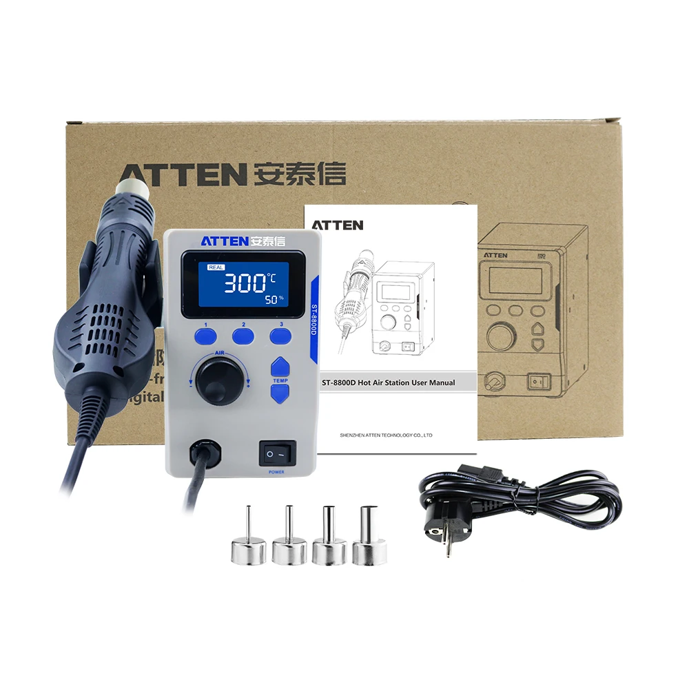 
Original ATTEN ST-8800D 800W Hot Air Rework Station Soldering Station 110V 220V Rework Station With Different Size Nozzle 