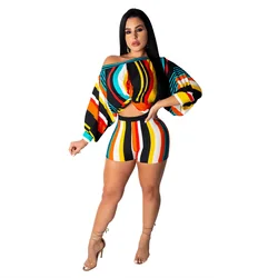 Wholesale Bohemian Puff Sleeve Casual Fashion Stripe Long Sleeve Multicolor Straight Nightclub Party Two Piece Short Set