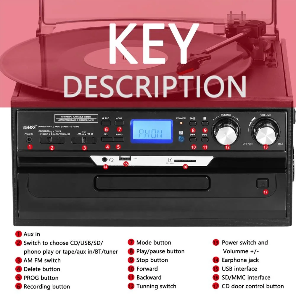 Top quality factory price stereo phonograph vinyl turntable record player with bt play