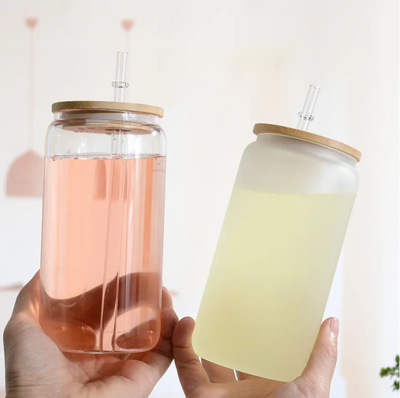 16 oz Blanks Soda Frosted Cups Tumbler Beer Sublimation Glass Can with Bamboo Lid and Straw