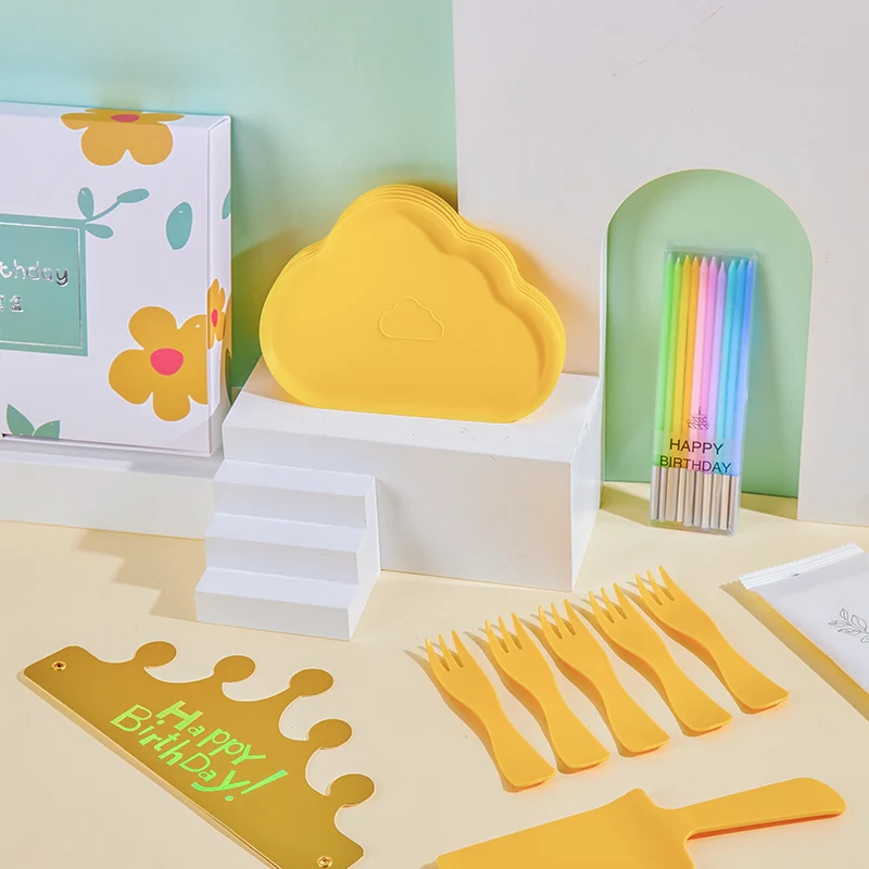Happy Birthday Plate Party Supplies Six-In-One Cake Tray Hat Candle Disposable Tableware Birthday Plates