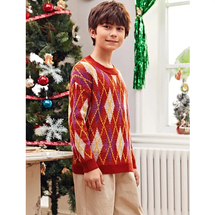 
Boys Christmas Drop Shoulder Argyle Pattern Funny Custom Fleece Sweaters Pullovers 
