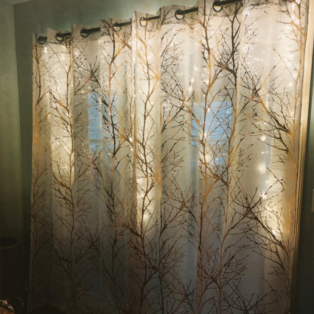 Window curtain manufacturer Metallic  Foil Tree Print sheer Curtains ring top for Living Room