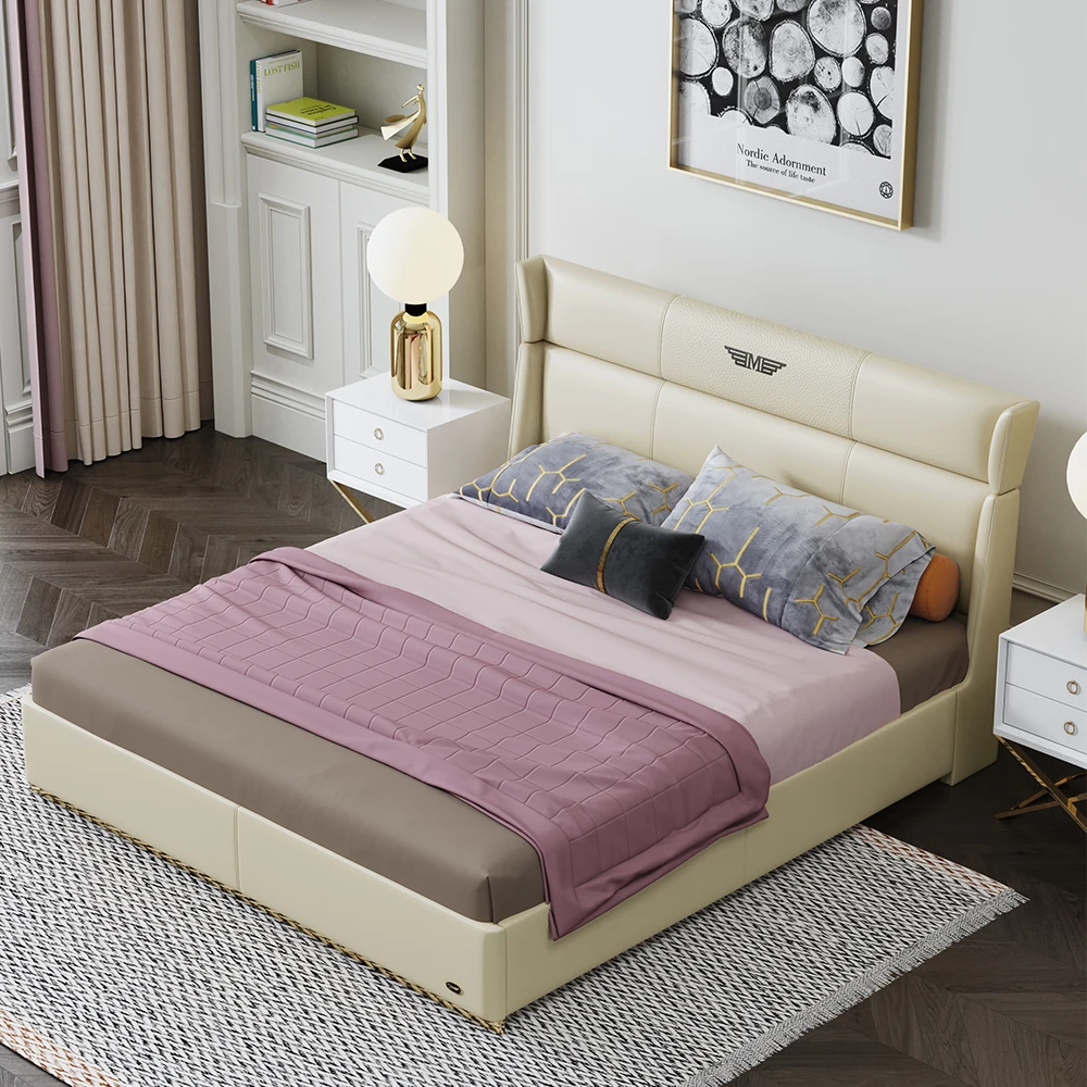 New Designer Bed Simple Luxury Leather Single Queen King Size Bed Frame Metal Storage Beds Modern Comfort Bedroom Sets Furniture