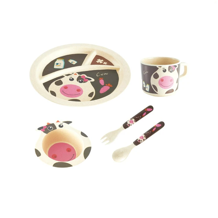 
Round divided compartment Cartoon biodegradable children tableware set, bamboo fiber dinnerware 