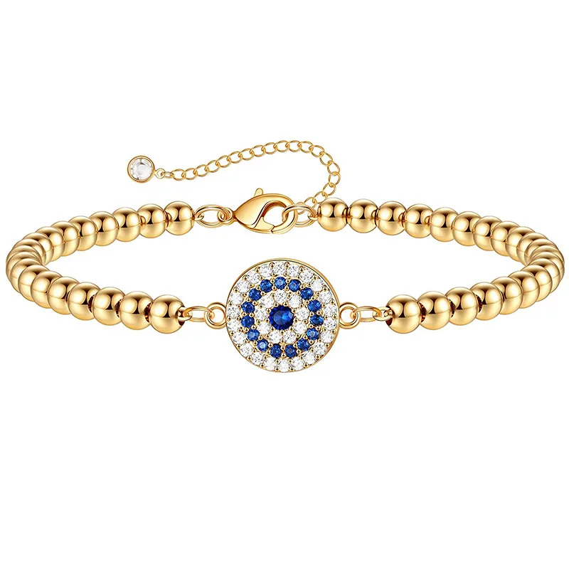 
2021 Female Jewelry Brass Plated 14K Pure Gold Balls Evil Eyes Bracelet Resilient Blue Cube Evil Eyes Bracelet 