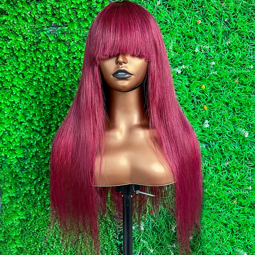 Red Color Human Hair Wigs with Bangs Straight Lace Front Wigs Cuticle Brazilian Virgin Hair Glueless Lace Wigs Bleached Knots