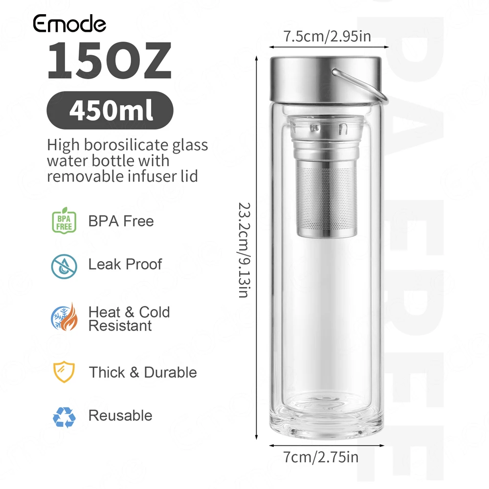 Emode Tea Tumbler with Infuser Double Wall Glass Travel Tea Mug with Stainless Steel Filter for Loose Leaf Tea and Fruit Water
