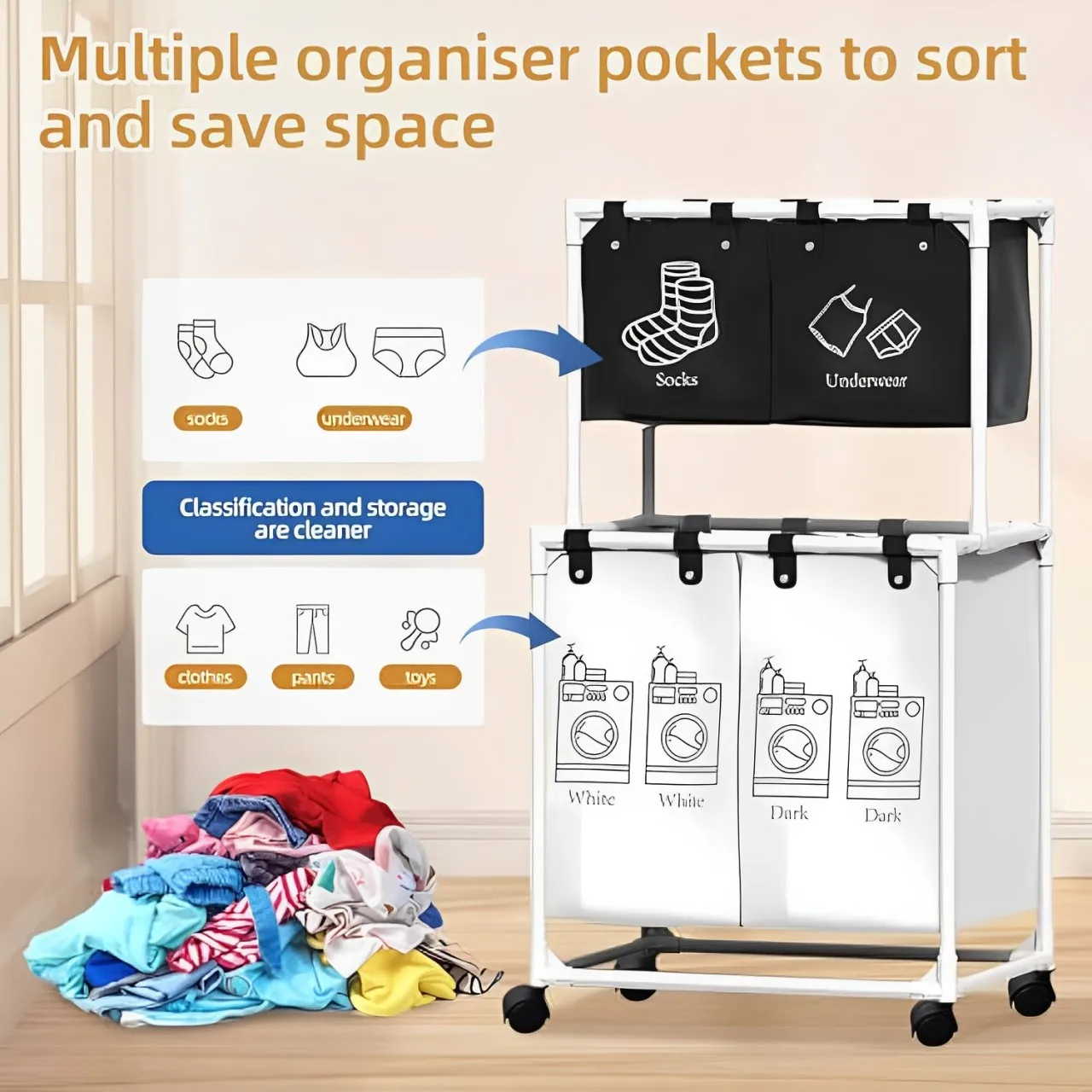 Laundry Hamper Large Blanket Basket Sorter 4 Section Bag Organizer  Heavy Duty Loundry Cart Baskets For Dirty Clothes