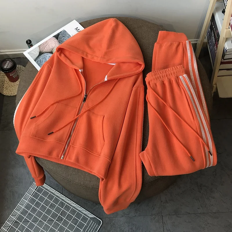 Новинка Осень 2020, короткий свитер на молнии, женский костюм, корейские свободные спортивные повседневные брюки-шаровары, толстовки для спортзала, Женский костюм из двух предметов