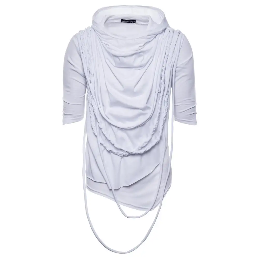 Liu Ming Custom Mens Chic Rope Decoration Heap Collar Hooded Half Sleeve Plain Hip Hop T Shirt