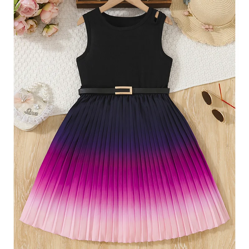 2024 Summer New Design Children Clothes Black Purple Gradient Belt Sleeveless Pleated Long Girls Dresses for Teenagers