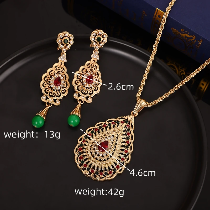 Morocco Jewelry Set Water Drop Crystal Big Pendant Necklace Earring Luxury Metal Wedding Jewelry Algerian Party Caftan Jewelry