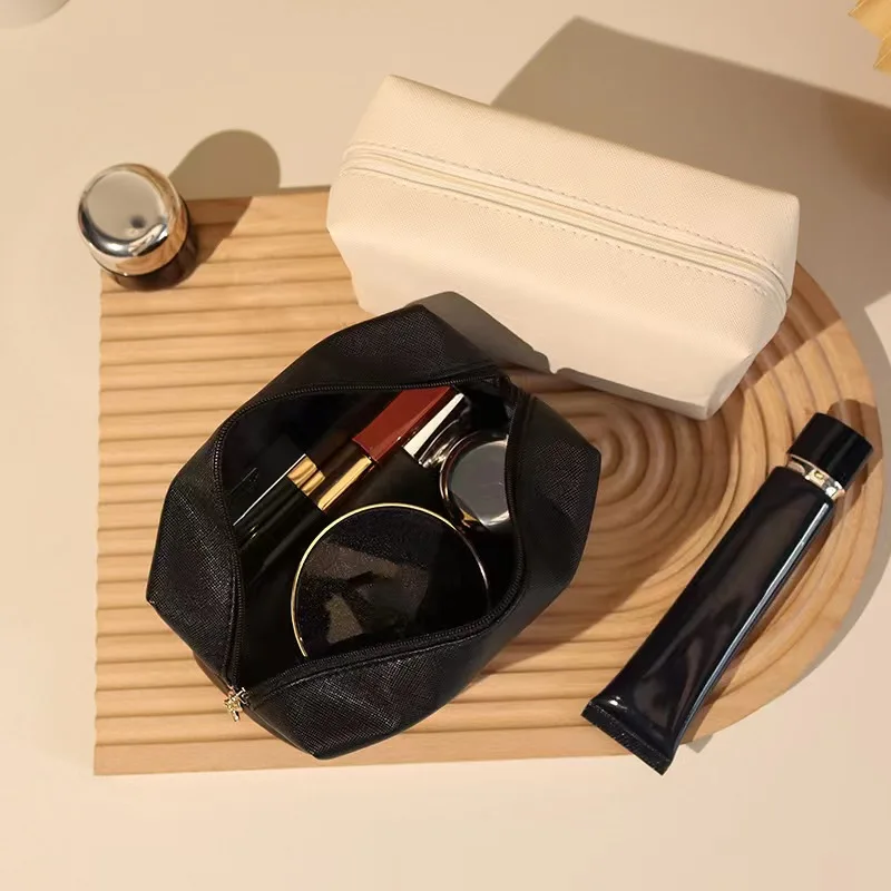 pure color vegan PU leather cosmetics bag