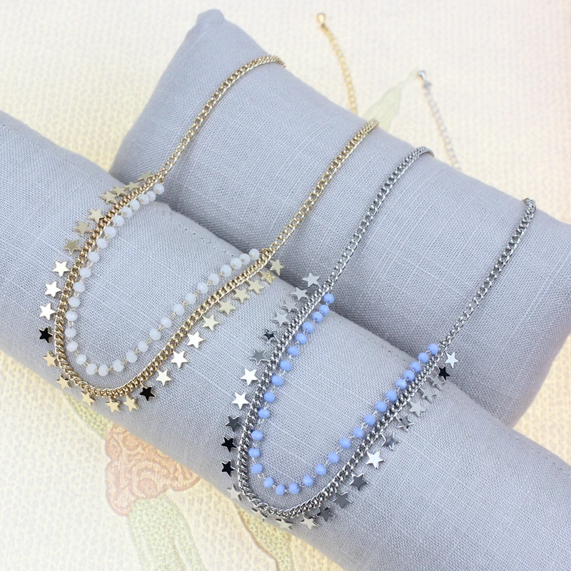 YiWu Supplier New Style Fashion Multi-Layer Beaded Cuban Chain and Star Drop Pendant Custom LOGO Necklace for Women Wholesale