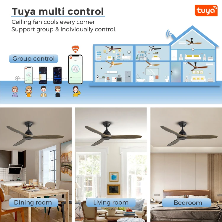 Factory direct dc ceiling fans prices timer select 5 speed tuya wifi smart wooden ceiling fan with remote