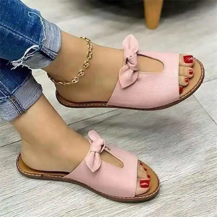Hot Sale Round Head Flat Bottom With Single Bow Decoration Waterproof Non-Slip Female Slippers Women Sandals Flip-Flops