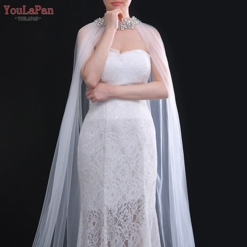YouLaPan VG22 Elegant Woman Dress Accessories Cape 3M Tulle Bridal Wedding Dress Cape with Rhinestone Necklace Party Cardigan
