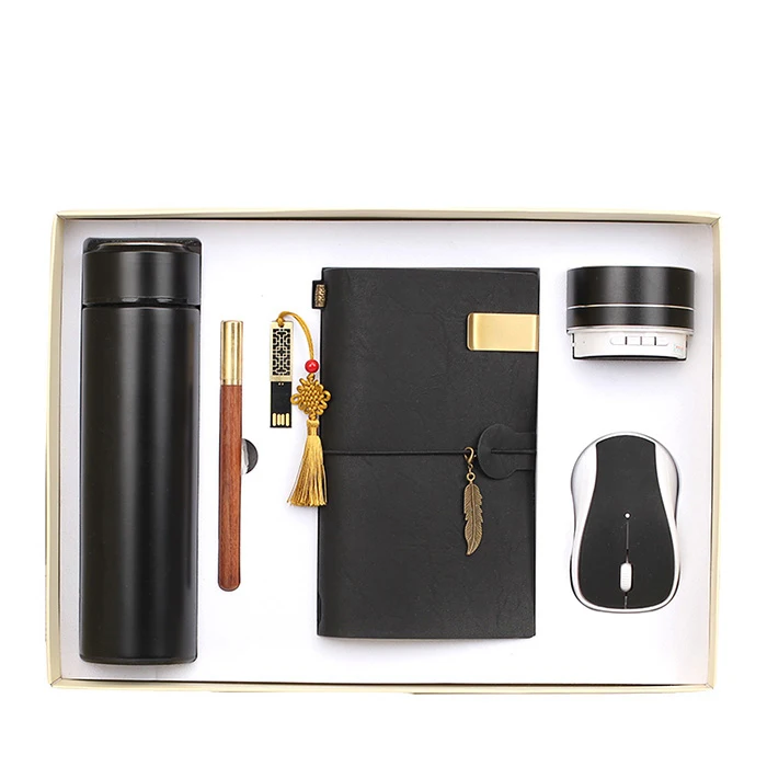 Promotional Gifts with Logo Customized 6 in 1 Diary A6 Notebook and Pen Set Bottle Gift Box with Usb Speaker Mouse