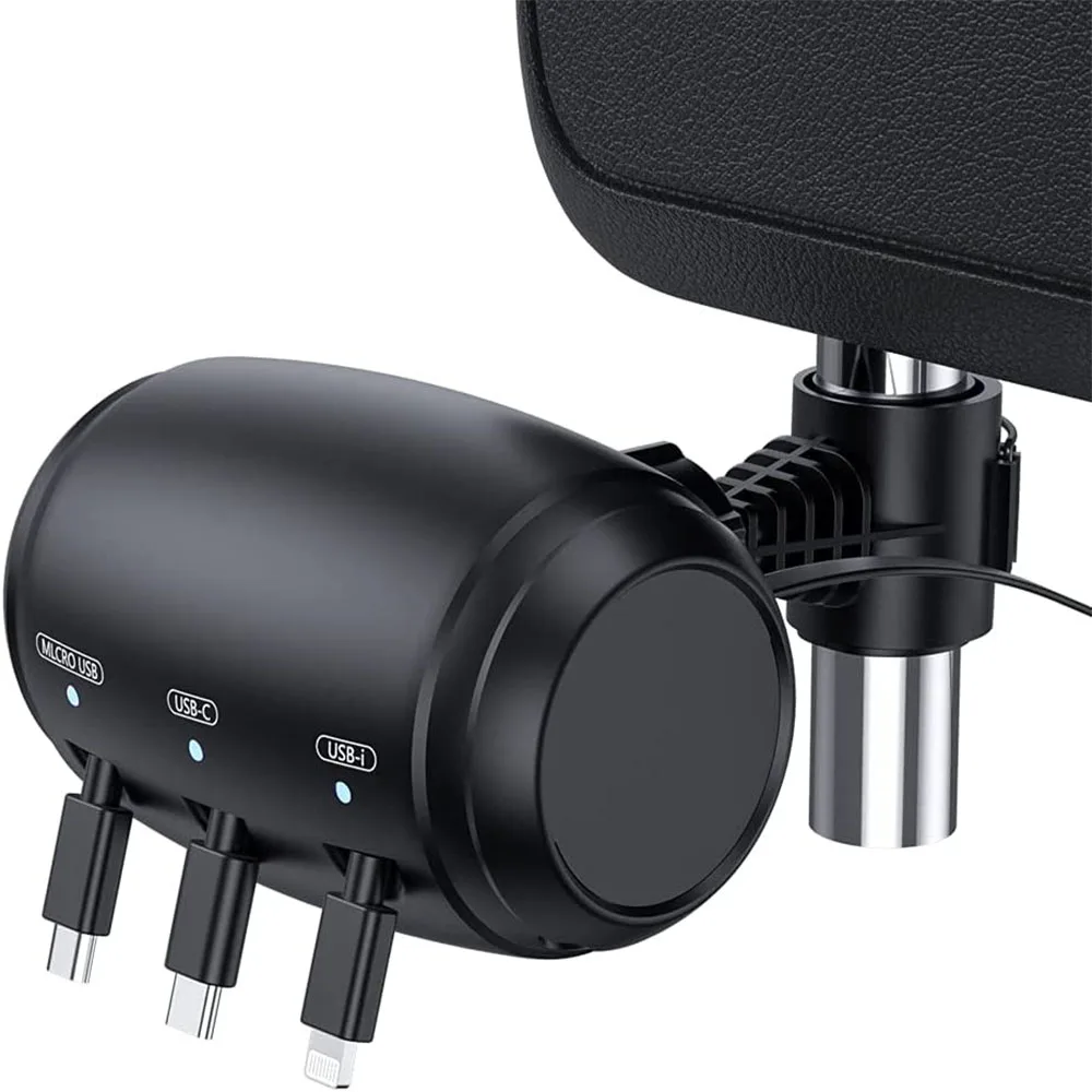 2023 new  car Headrest Backseat Retractable Cord 3 in 1 Power Charging Station Car Charger Type C Micro USB for phone tablet