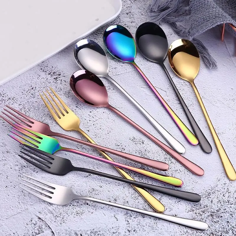 Korea Coloured Colorful Long Handle Metal Inox Stainless Steel Oval Dessert Sugar Coffee Tea Stirring Spoons Forks Set