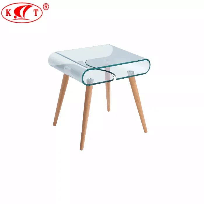 Hot selling modern glass new design bent glass coffee table side table with wood legs 2022