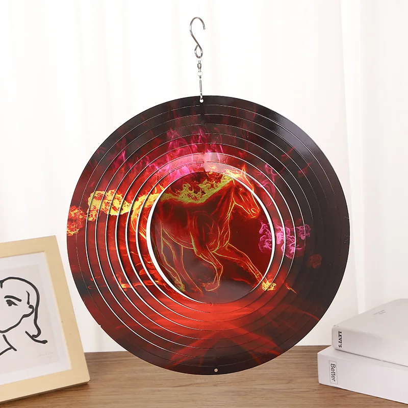 YJL Modern Stainless Steel Garden Decoration Outdoor Wind Chimes Colorful 3D Flame Horse Rotating Metal Wind Spinner Wind Chimes