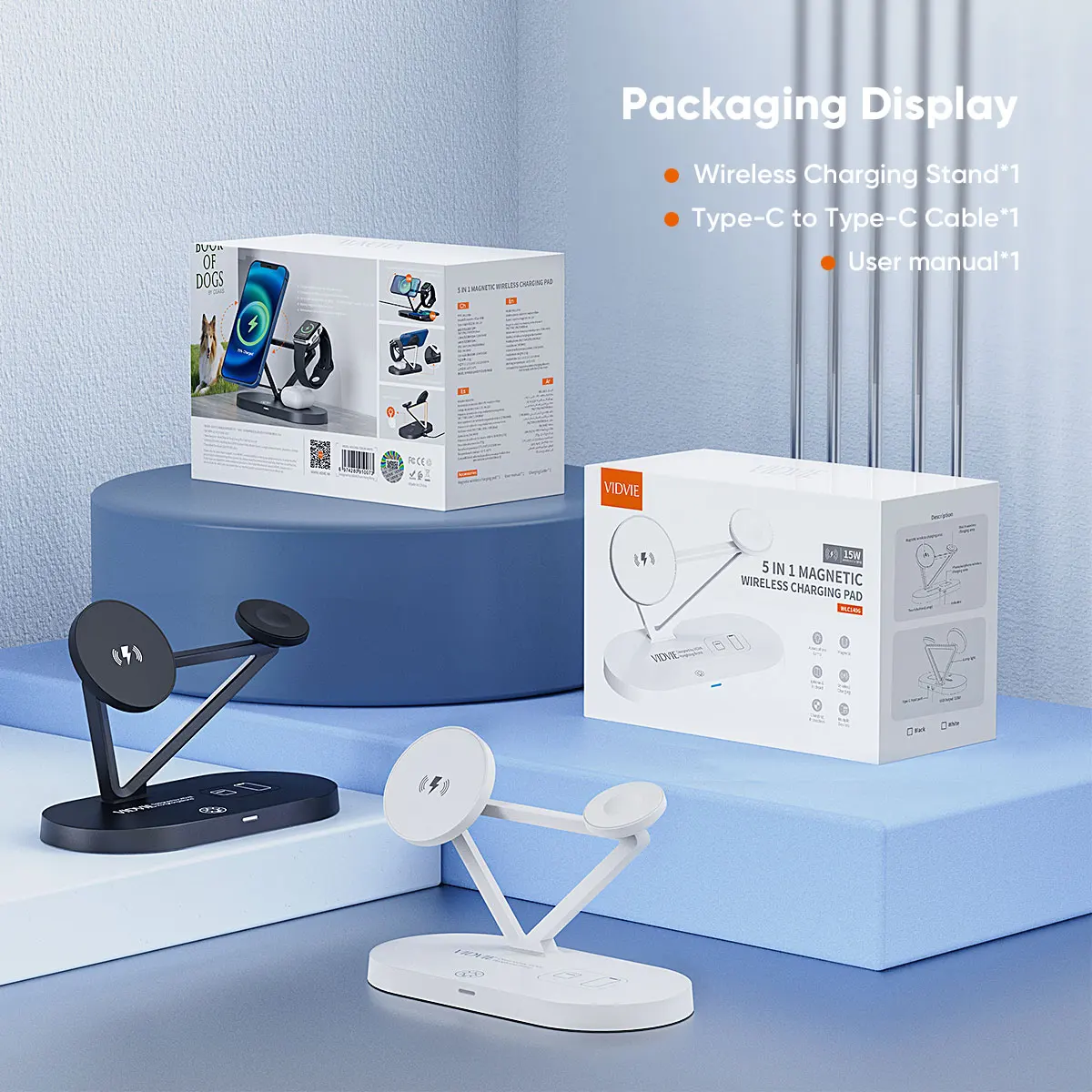 VIDVIE 2021 Newest 5 in 1 Qi Magnetic 15W 3 in 1 Wireless Charger Stand With LED Light