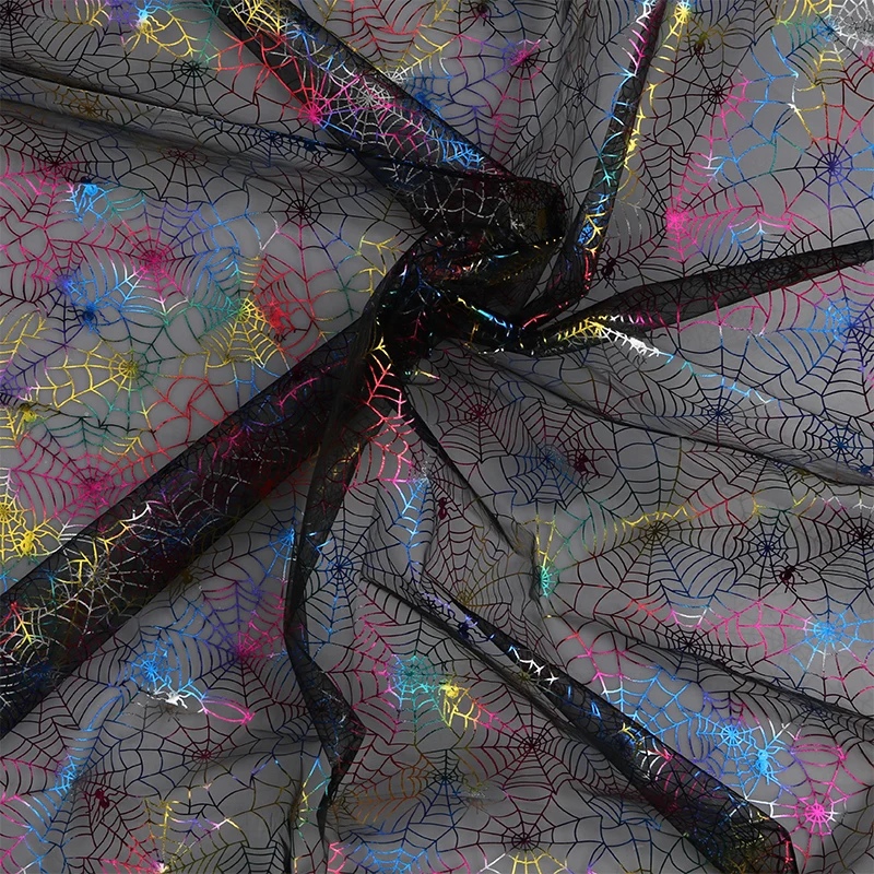 100% Polyester Sheer Tulle Fabric Spider Net Printed Mesh Halloween Decoration Garment