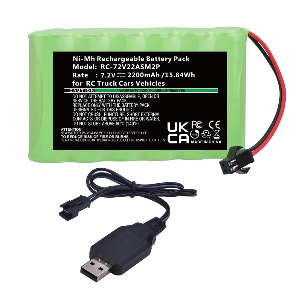 7.2V 2200mAh Ni-Mh AA Rechargeable Battery Pack with SM-2P 2Pin Plug USB charging cable for RC Truck Cars Vehicles