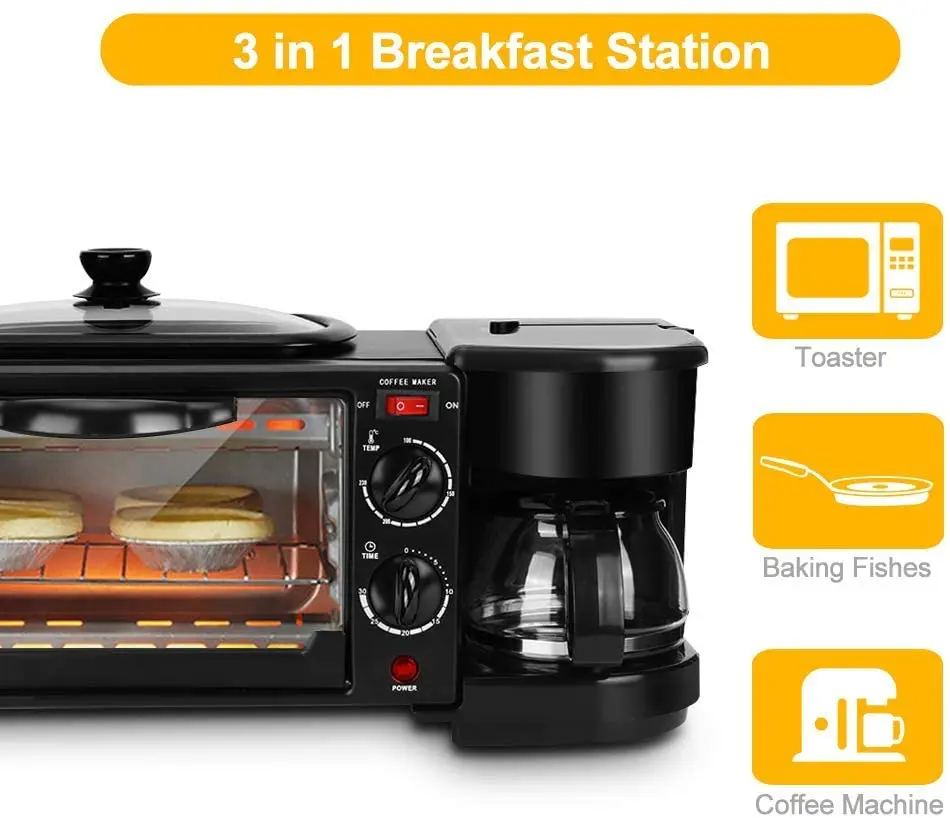 Multifunctional Family Size Sandwich Coffee Maker Electric Toaster Oven 3 In 1 Breakfast