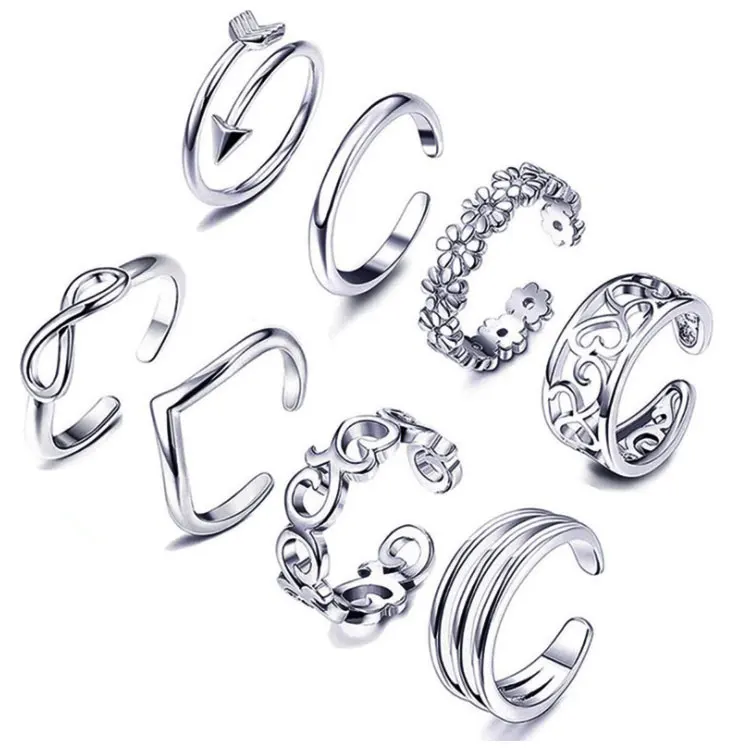 SC Wholesale Summer Sandals Toe Rings Adjustable Foot Jewelry Fashion Sexy Engraved Flower 8 pcs Opening Toe Ring Sets for Women
