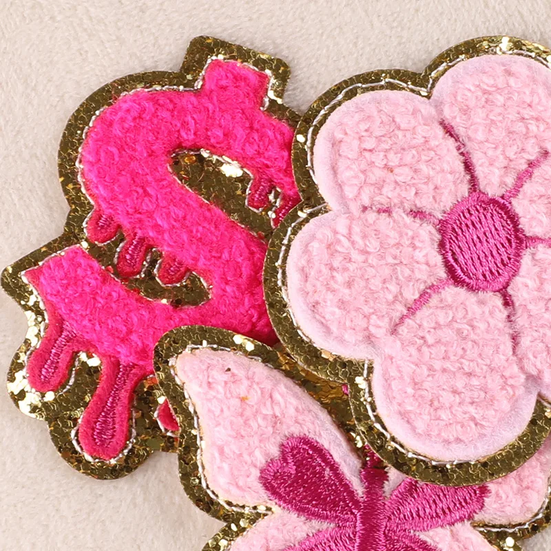 New Design Pink Style IRon on Chenille Embroidered Gold edge Butterfly Diamond Howdy Letter Dollars Patch for Girls