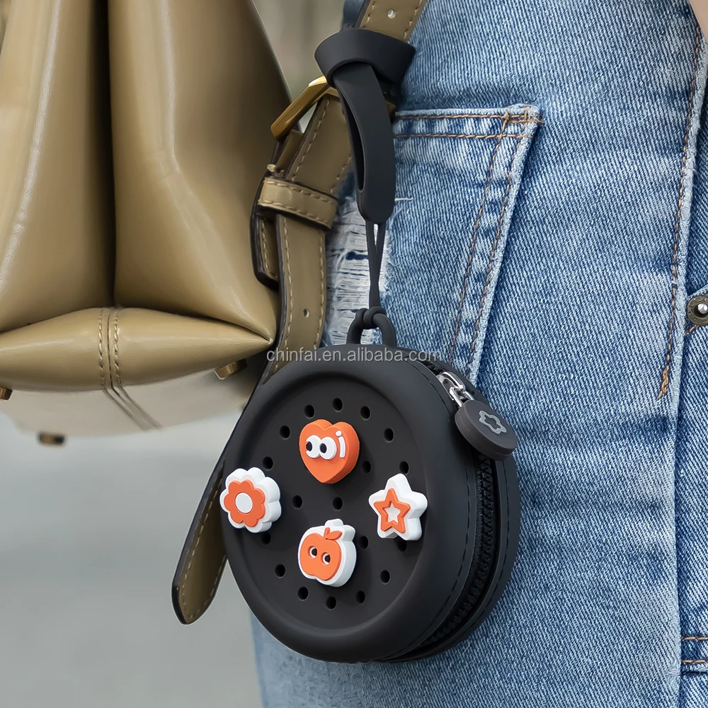 Portable Silicone Coin Purse Bag with Hand Strap DIY Cute Cartoon Pattern round Mini Pouch Zipper Closure Unisex Key Holder