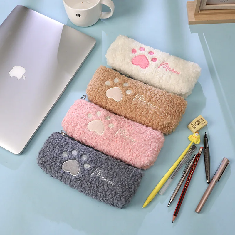 Wholesale cute soft plush embroidery cat paw pencil case kawaii pen pouch stationery school pencil case for girls