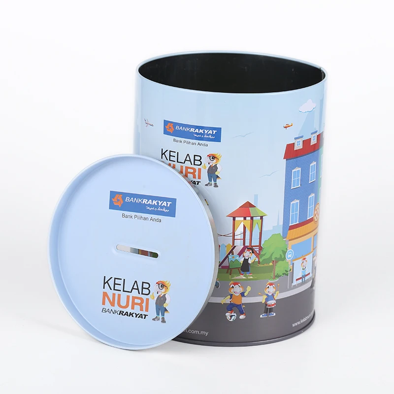 Comic sky blue round tin coin bank with removable lid
