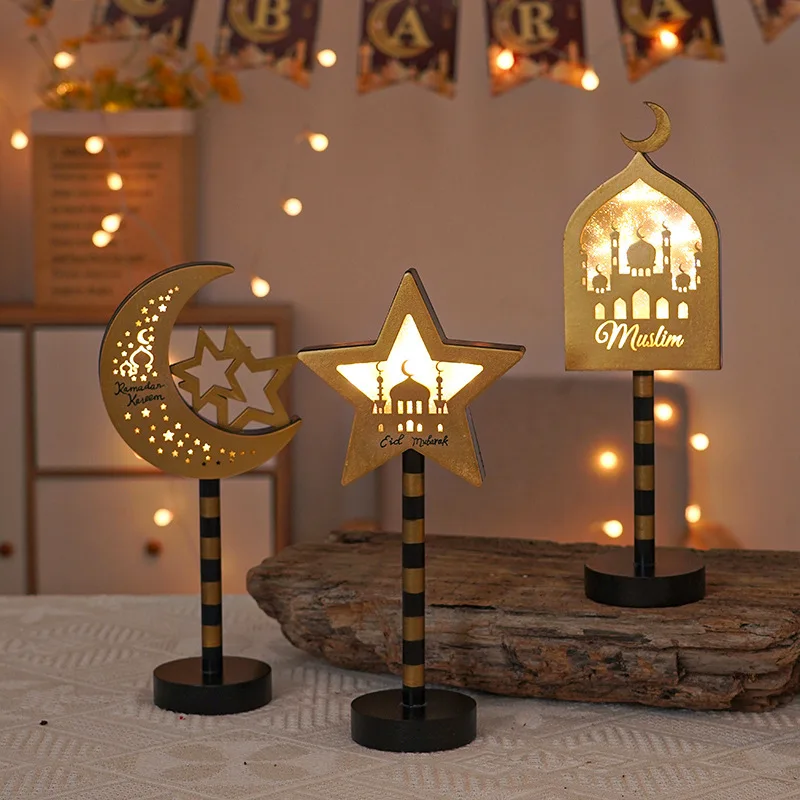 Muslim Craft Table Decoration Eid Mubarak LED Light Lamp Bedroom Holiday Table Lamp Wooden Ramadan Night Light Muslim Decorative
