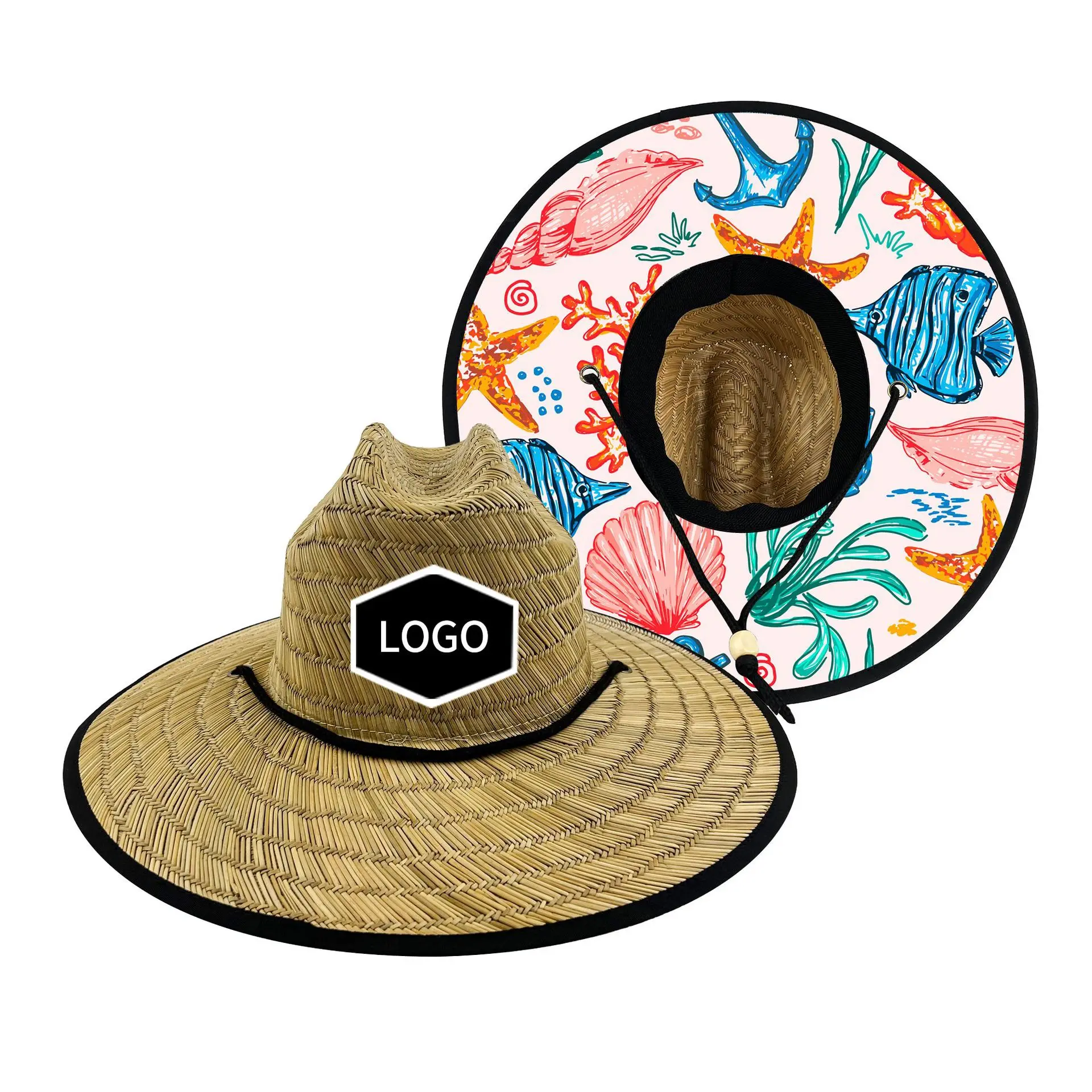 Wholesale Summer Lifeguard Straw Hat Under Brim Custom Printing America Sombrero Beach Hat Surf Lifeguard With logo Straw Hat