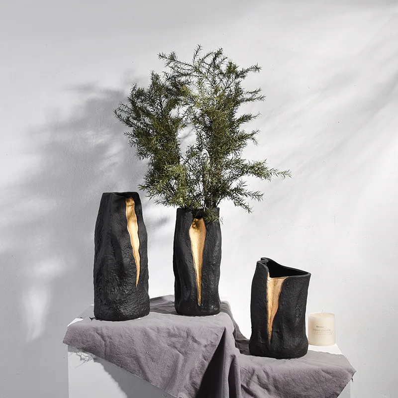 Nordic style art gold crack decorative home flower handmade white black table vase ceramic and porcelain vases for decoration