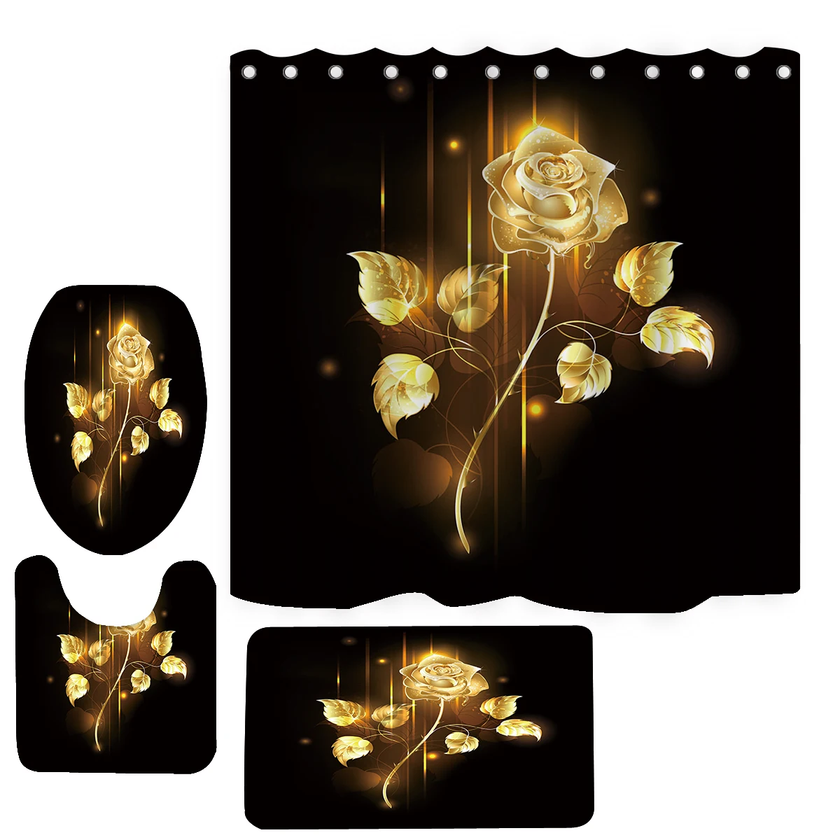 4 Piece Shower Curtain Sets Gold rose with Non-Slip Rug Toilet Lid Cover and Bath Mat Flower Bathroom Decor Accessories