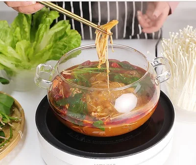 Hand blown large size clear two handle glass glass cooking pans pots