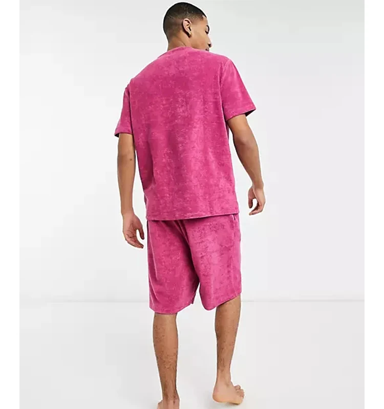 Casual New plain tee shirt and shorts set pajama lougewear drawstring t shirt short sets velvet two piece short set men