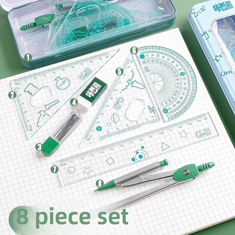 8-piece combination ruler set triangle protractor ruler Learn math drawing compass set